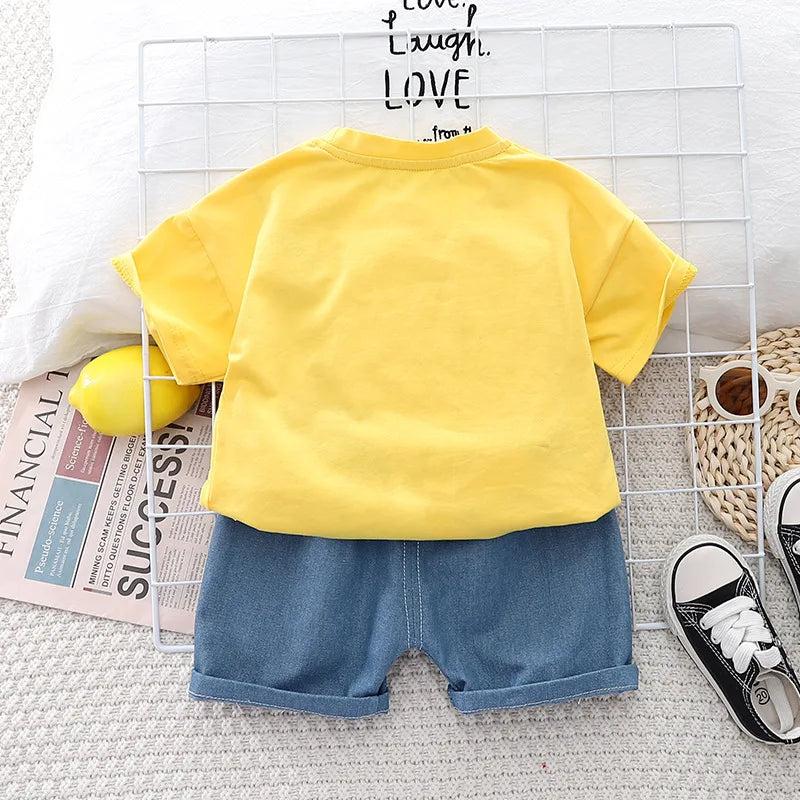 New Baby Boys Clothing Sets Summer Cartoon Car T Shirt +Denim Shorts Toddler Infant Kids Casual Infant Clothes Suits 1-5 Years