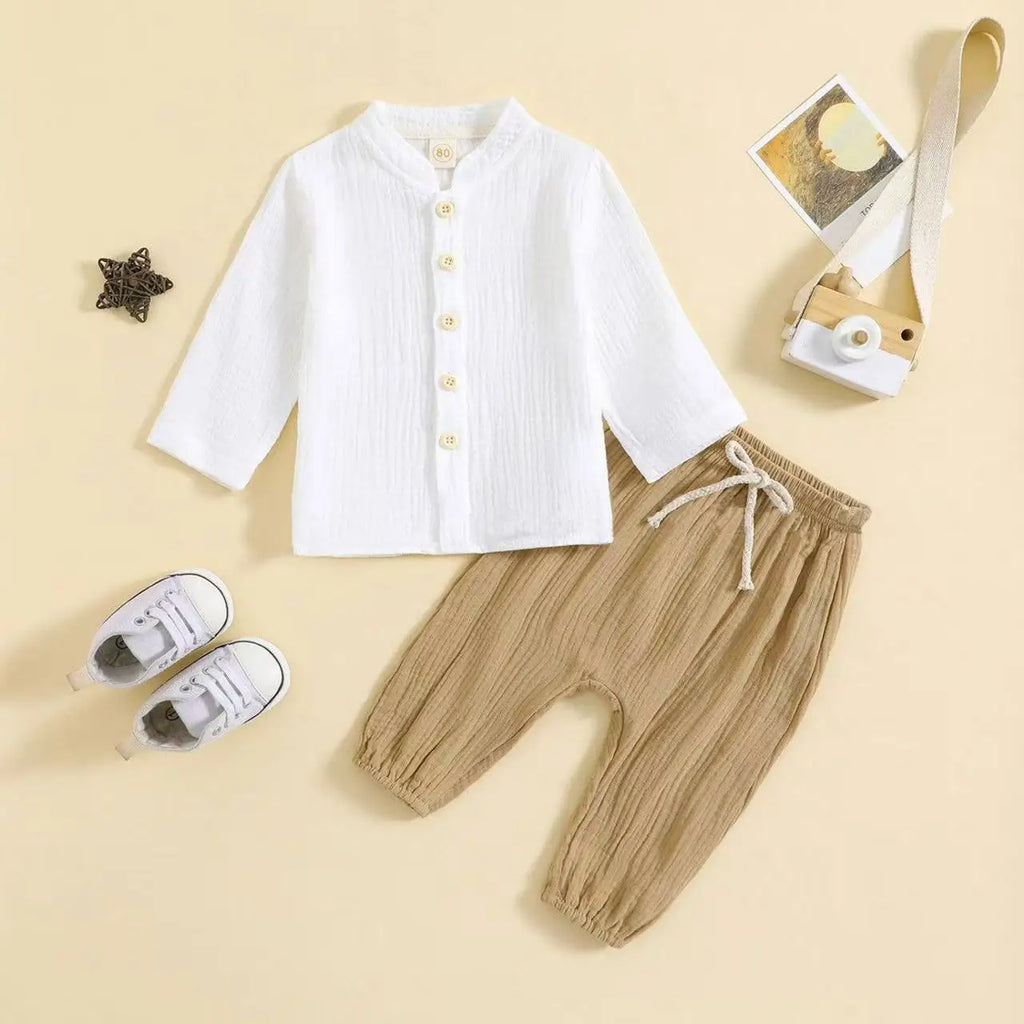 Boys Clothes Sets 1-5Y Kids Boys Summer Fall Outfits Baby Solid Color Buttons Long Sleeve Shirts Tops + Elastic Waist Long Pants