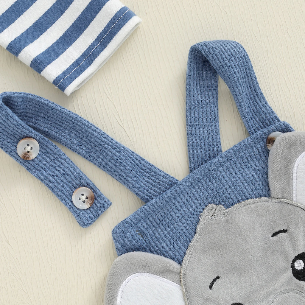Cute Infant Newborn Baby Boys 3Pcs Outfit Cute Baby Clothes Long Sleeve Striped Romper Animal Embroidery Overalls Hat Clothes