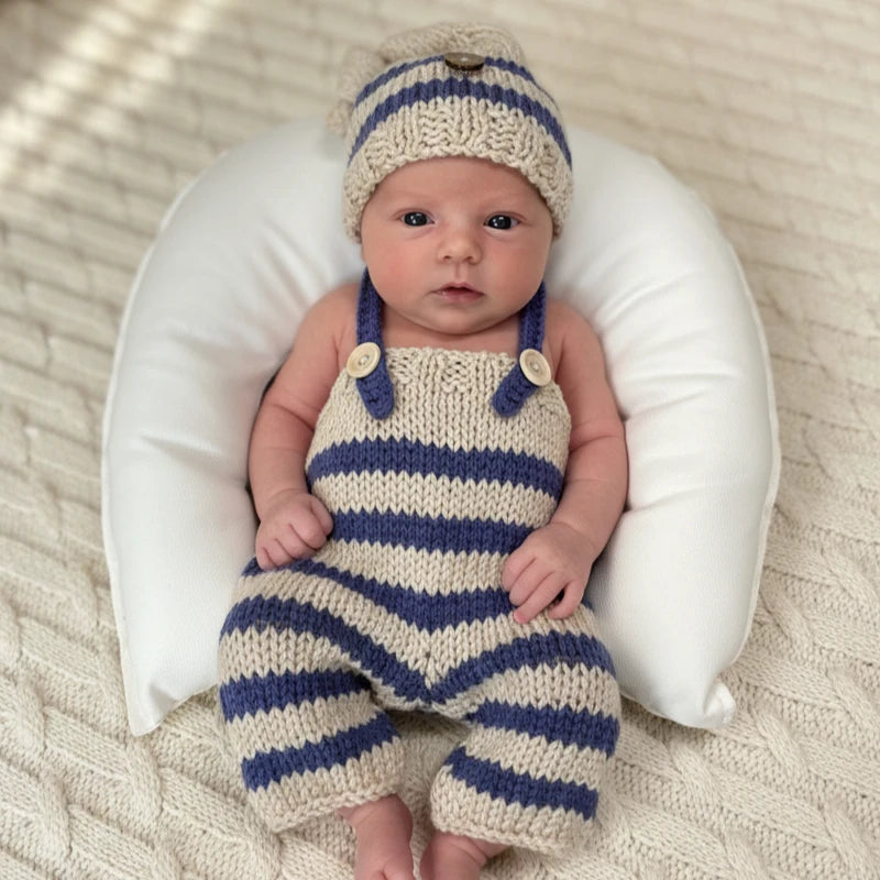 Baby Photo Costume Clothes Newborn Girls Boys Photography Prop Crochet Knit Overall Bib Pants + Hat 2pcs Sets Striped Outfits