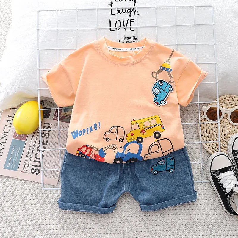 New Baby Boys Clothing Sets Summer Cartoon Car T Shirt +Denim Shorts Toddler Infant Kids Casual Infant Clothes Suits 1-5 Years