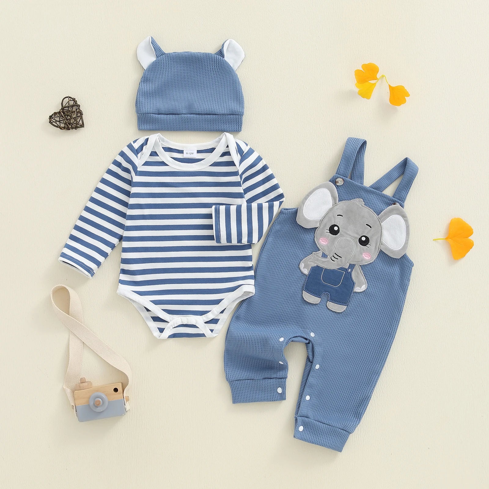 Cute Infant Newborn Baby Boys 3Pcs Outfit Cute Baby Clothes Long Sleeve Striped Romper Animal Embroidery Overalls Hat Clothes
