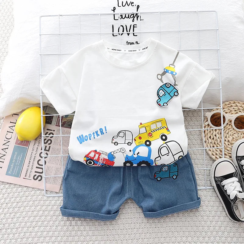 New Baby Boys Clothing Sets Summer Cartoon Car T Shirt +Denim Shorts Toddler Infant Kids Casual Infant Clothes Suits 1-5 Years
