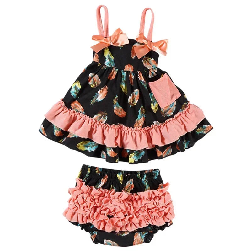 2025 New Born Baby Girl Clothes Baby Suit Overall Floral Clothes Set 3-24m Cotton Sleeveless Toddler Infant Ruffle Tops + Shorts