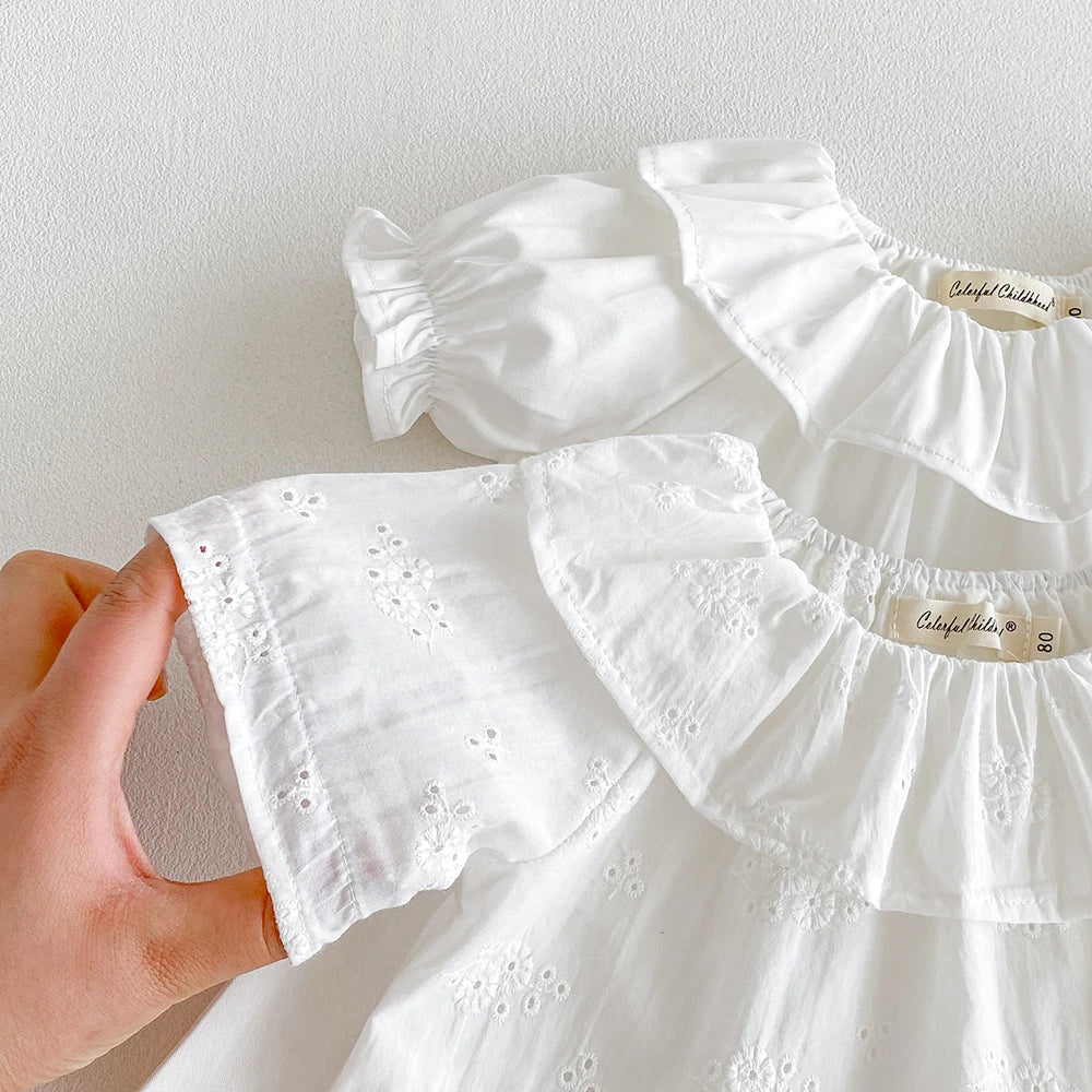 Baby Girl's Blouse Summer New Cotton Breathable Shirt Tops Clothing for Girls Versatile Ruffle Collar Short Sleeved T-shirt