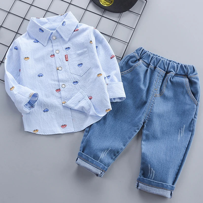 Baby Boys Clothing Set Spring Autumn New Full Print Cartoon Car Long Sleeve Shirt+Jeans 2Pcs For 1-4 Years Kids Casual Outfit