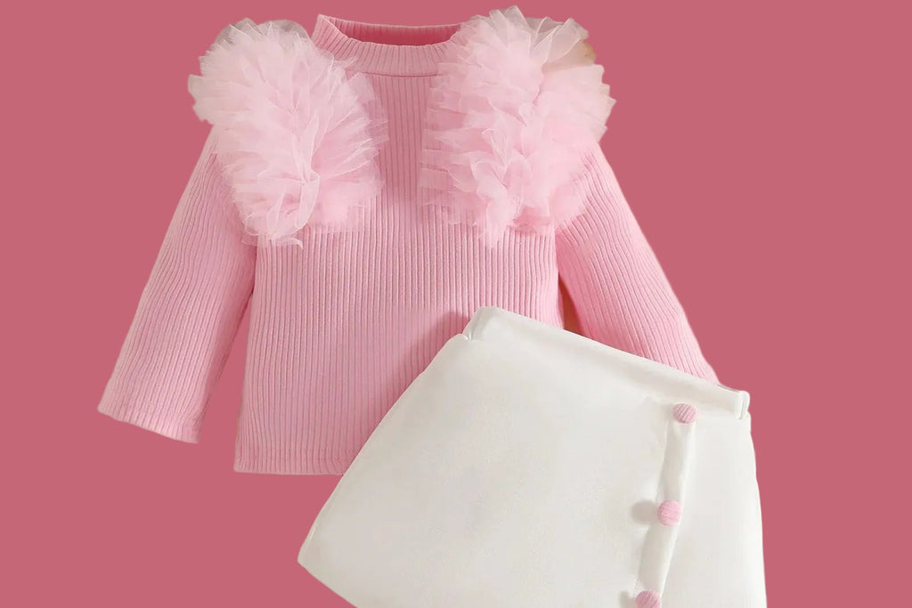Baby Girl ClothesTulle Trim 2Pcs Sets 0-3Y Baby Dresses Long Sleeve Top and Button Accent Skirt for Newborn Girls Party Outfit