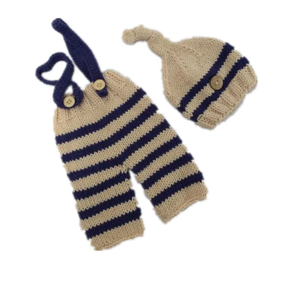Baby Photo Costume Clothes Newborn Girls Boys Photography Prop Crochet Knit Overall Bib Pants + Hat 2pcs Sets Striped Outfits