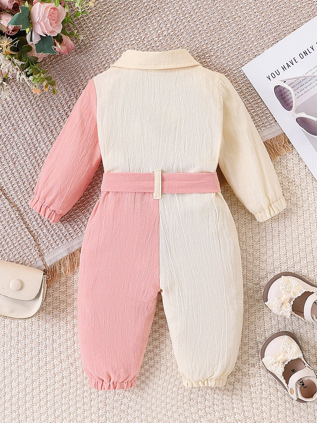 Baby Girl Color-Blocked Long-Sleeved Jumpsuit with Lapel and Button Closure, Waist Bow Tie, Patch Pocket Design, Soft Fabric, Cute One-Piece Outfit for Spring and Autumn