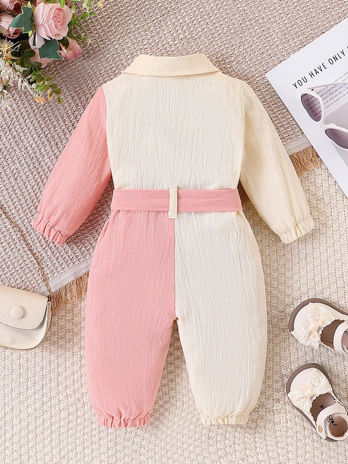 Baby Girl Color-Blocked Long-Sleeved Jumpsuit with Lapel and Button Closure, Waist Bow Tie, Patch Pocket Design, Soft Fabric, Cute One-Piece Outfit for Spring and Autumn