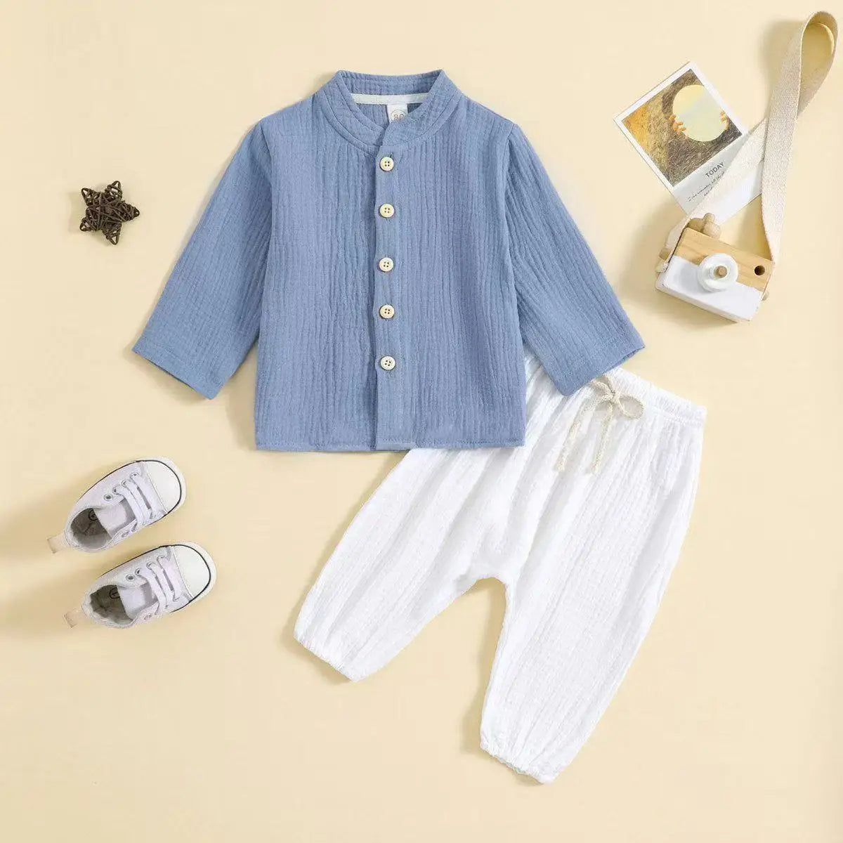 Boys Clothes Sets 1-5Y Kids Boys Summer Fall Outfits Baby Solid Color Buttons Long Sleeve Shirts Tops + Elastic Waist Long Pants