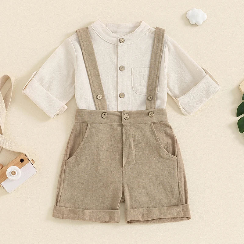 Baby clothing Boys Solid Button Pocket Cotton Linen Bodysuits+Suspender Shorts Set Newborn Outfits 0-24M