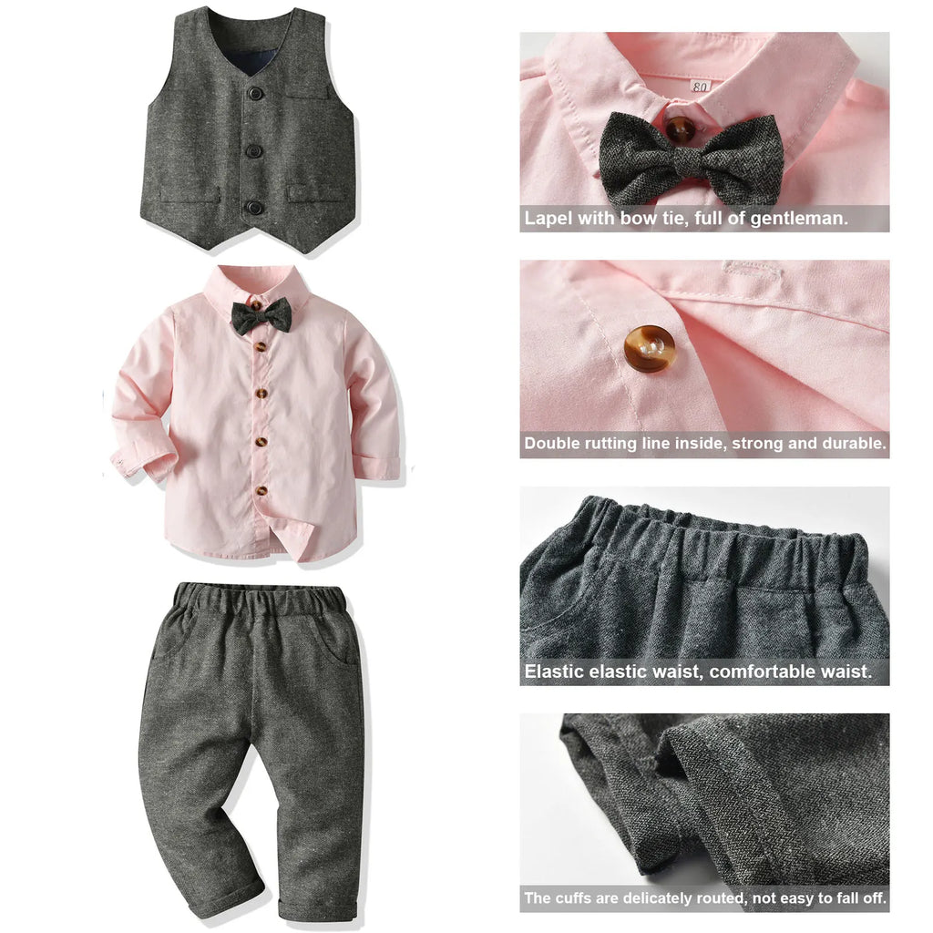 Baby Boys Suits Gentleman Shirt+Vest+Pants Toddlers Cotton Christening Wedding Birthday Clothing Set Formal Children's Suits