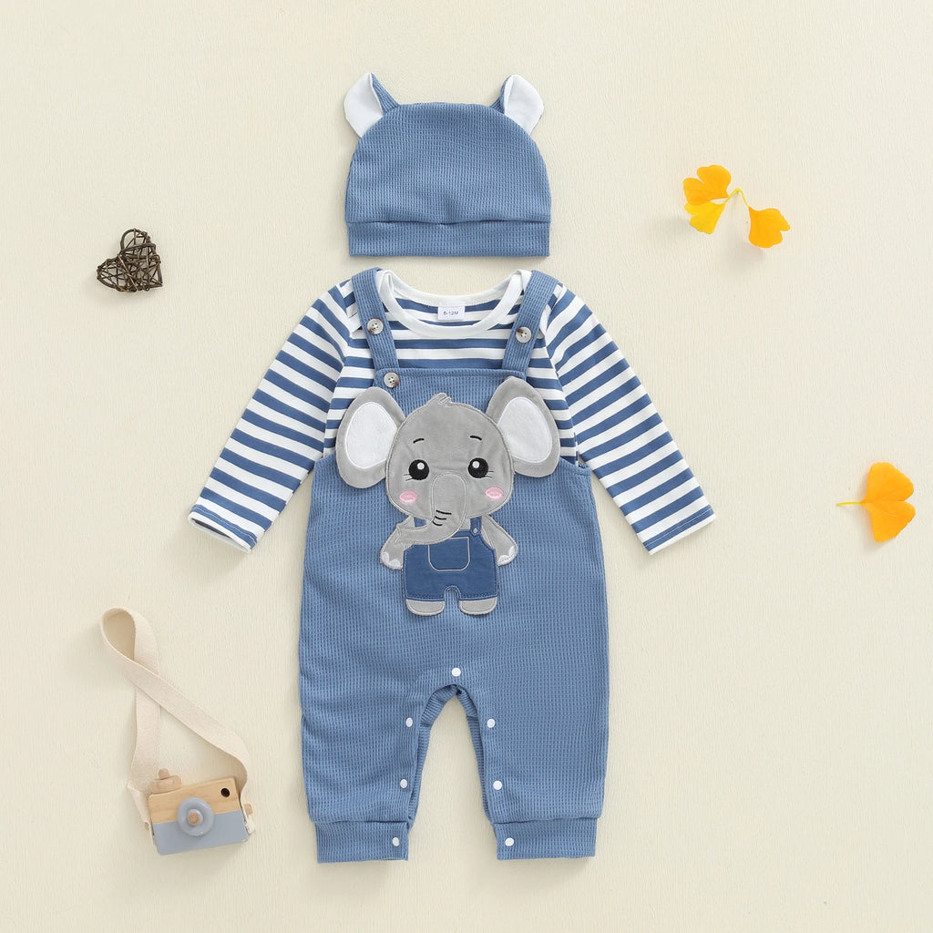Cute Infant Newborn Baby Boys 3Pcs Outfit Cute Baby Clothes Long Sleeve Striped Romper Animal Embroidery Overalls Hat Clothes